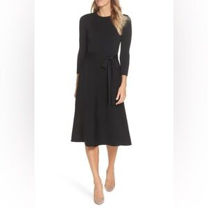 NWT Eliza J Fit Flare Sweater Dress Black Stretchy Belted Waist Tie Sz S